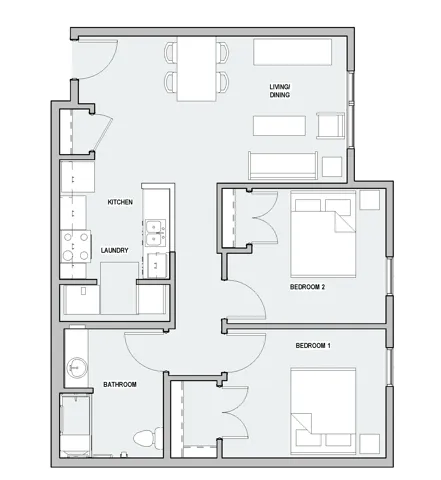 A floor plan with two bedrooms, a living area, a kitchen, a laundry room, and a bathroom.
